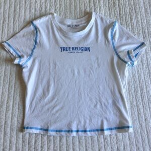True Religion White Logo Tee with Blue Contrast Stitching